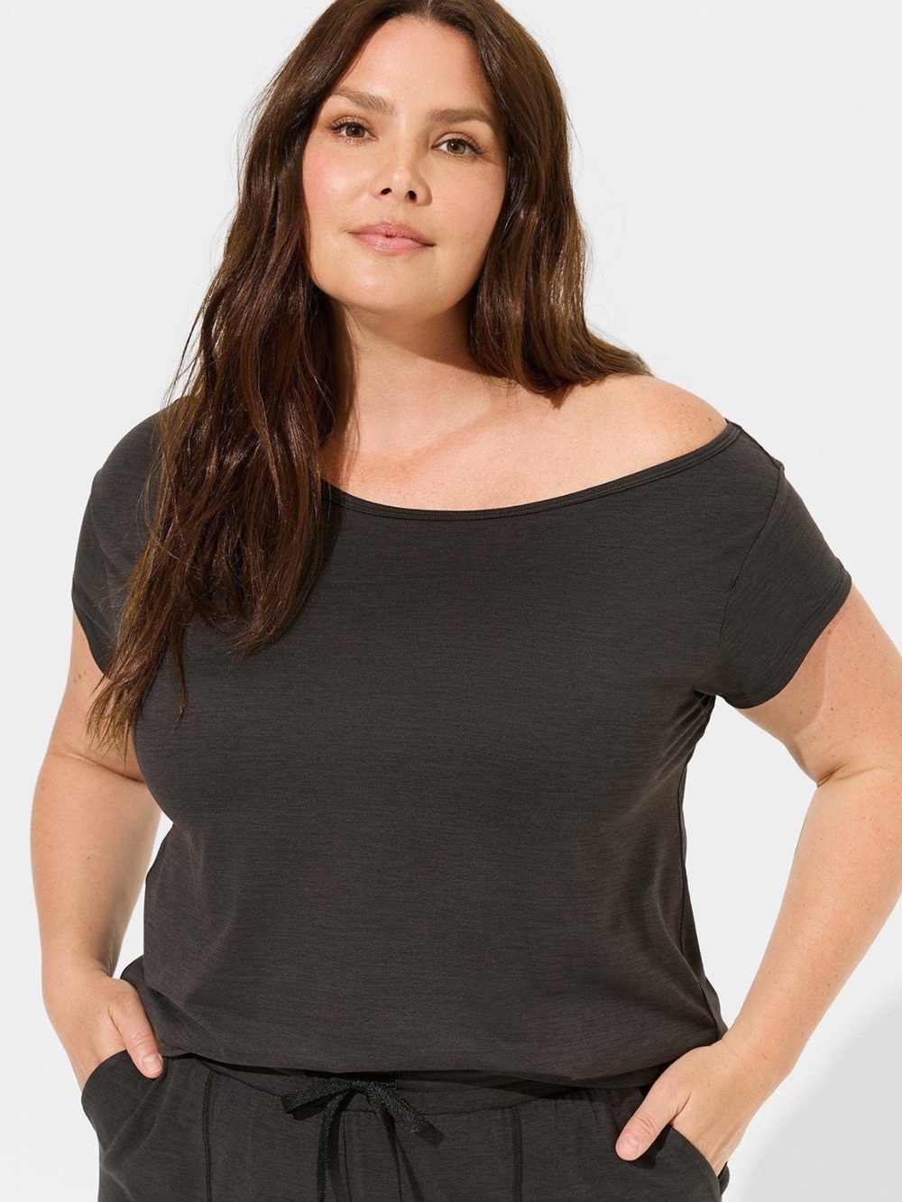 Torrid Super Soft Performance Jersey Off the Shoulder Active Tee Deep Black